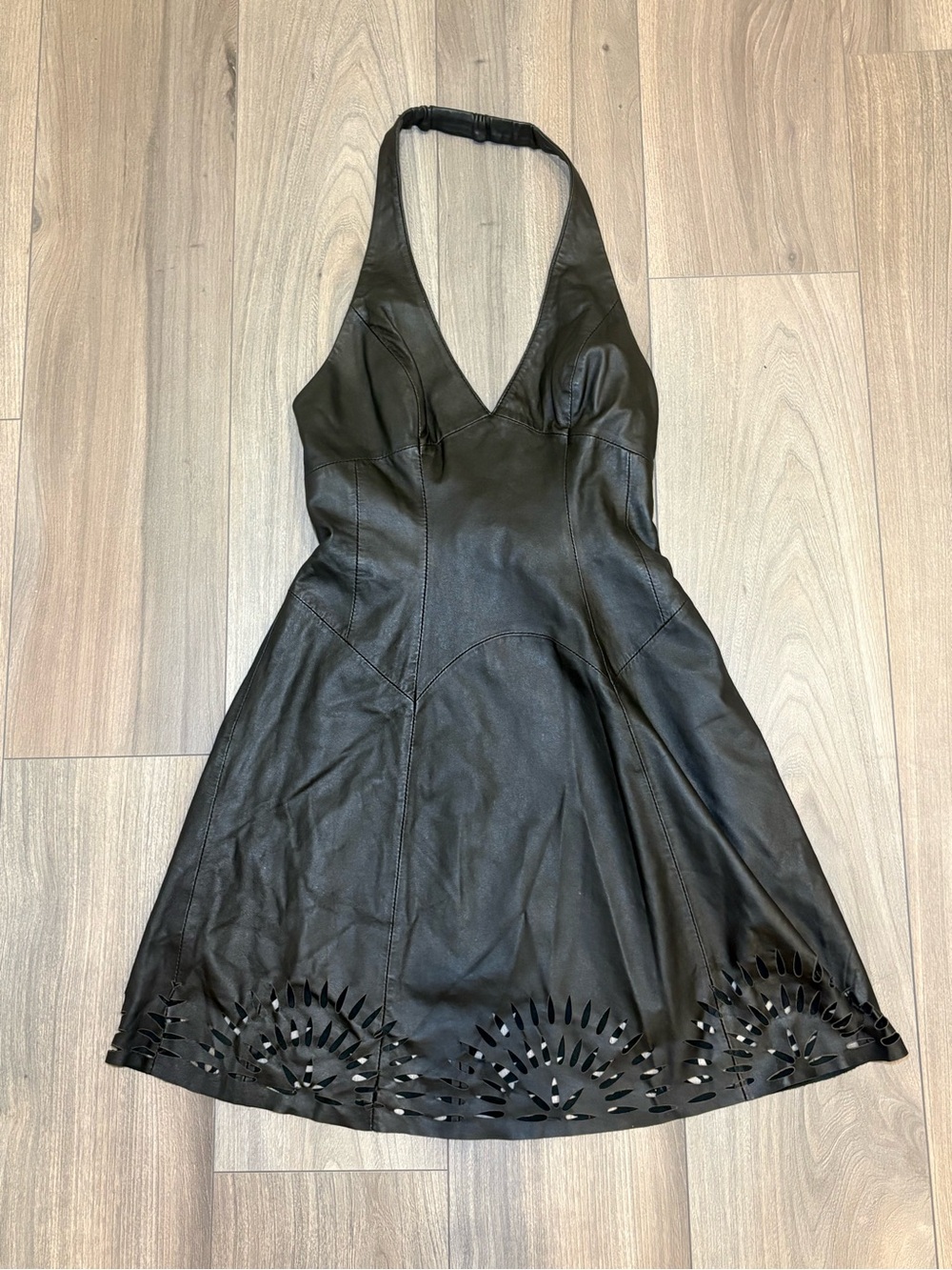 Y2K bebe leather halter corset dress with cut-out detailing